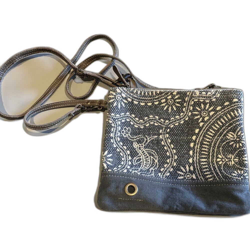 Myra Crossbody Bag Gray Canvas Floral Adjustable Strap 9.5x8 Inch Boho Travel